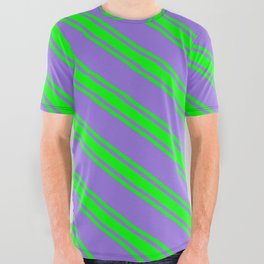 [ Thumbnail: Purple and Lime Colored Lines Pattern All Over Graphic Tee ]