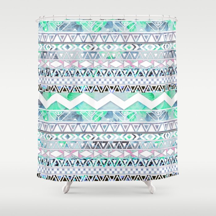 Teal Girly Floral White Abstract Aztec Pattern Shower