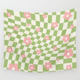 Green Pink Checkered Floral Wall Tapestry
