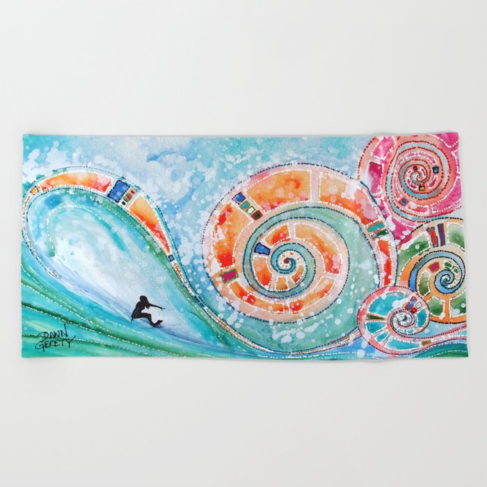 Wahine Surfing Big Rainbow Wave Beach Towel