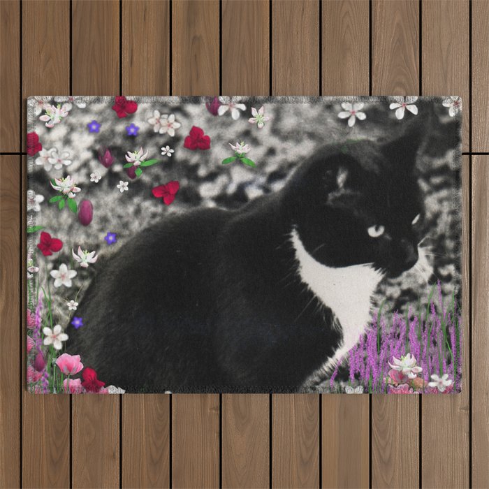 Freckles in Flowers II - Tuxedo Kitty Cat Outdoor Rug