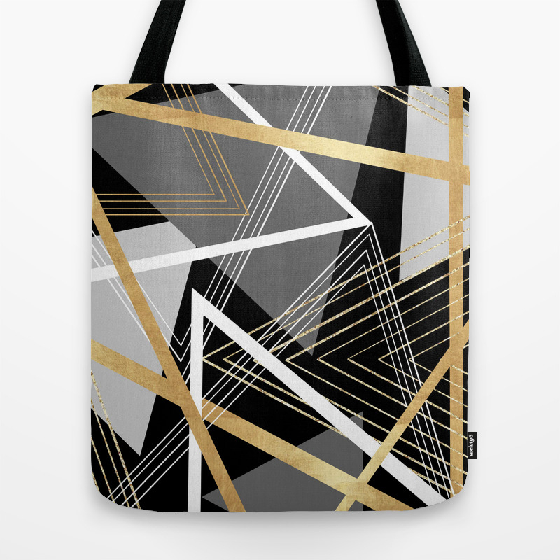 Original Gray And Gold Abstract Geometric Tote Bag By