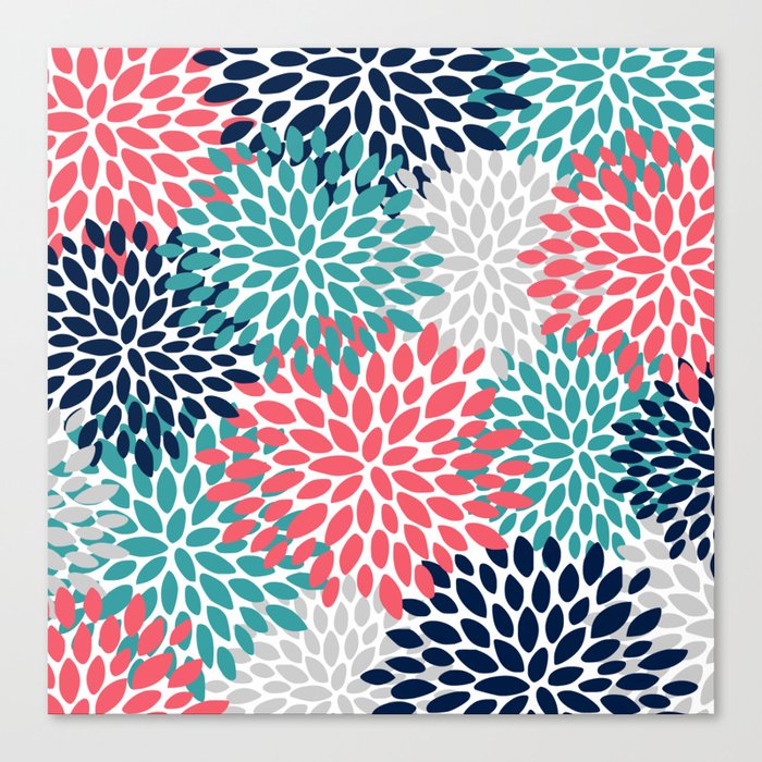 Floral Blooms, Coral Pink, Navy, Teal, Gray Canvas Print