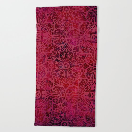 Retro Red textured oriental pattern Beach Towel