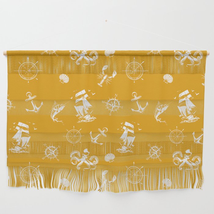 Mustard And White Silhouettes Of Vintage Nautical Pattern Wall Hanging