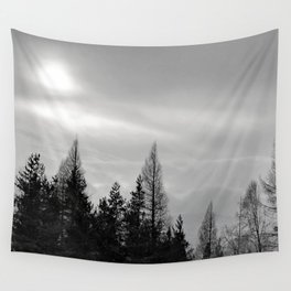 Winter Sun Pine Tree Top View in Black and White Wall Tapestry