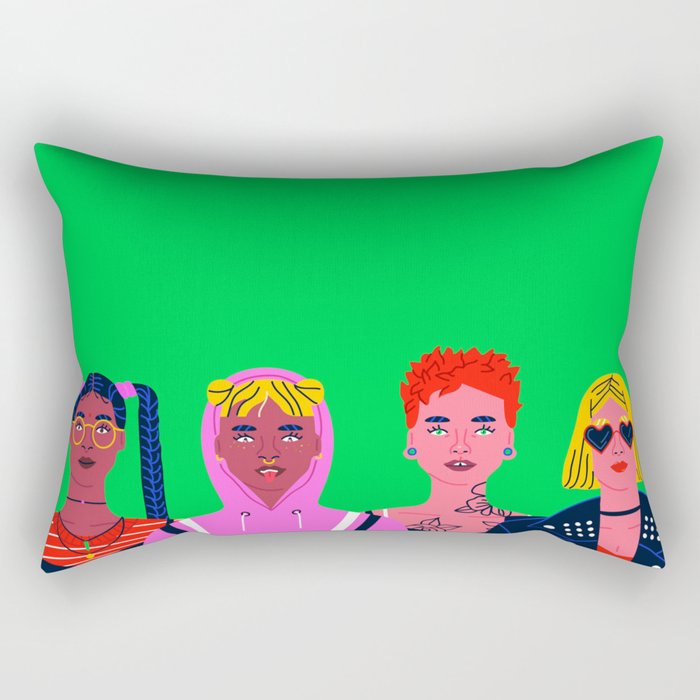 Colorful retro cartoon diverse young women group Rectangular Pillow