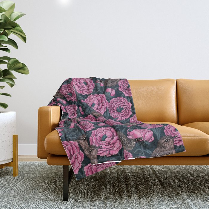 Pink peonies and wrens on dark gray Throw Blanket