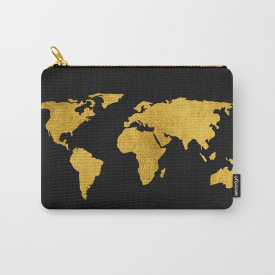 Metallic Gold Foil World Map On Black Carry-All Pouch
