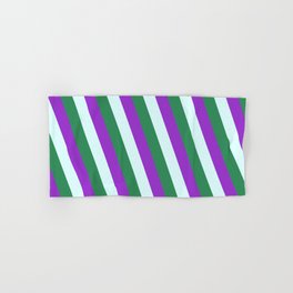 [ Thumbnail: Sea Green, Dark Orchid & Light Cyan Colored Lined/Striped Pattern Hand & Bath Towel ]