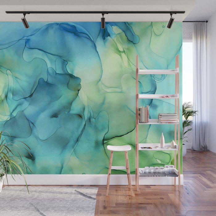 Blue Green Spring Marble Abstract Ink Painting Wall Mural By