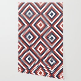 Coastal large Navajo Aztec diamonds diagonal kilim marine blue, red pattern Wallpaper