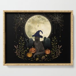 The Black Cat on Halloween Night Serving Tray