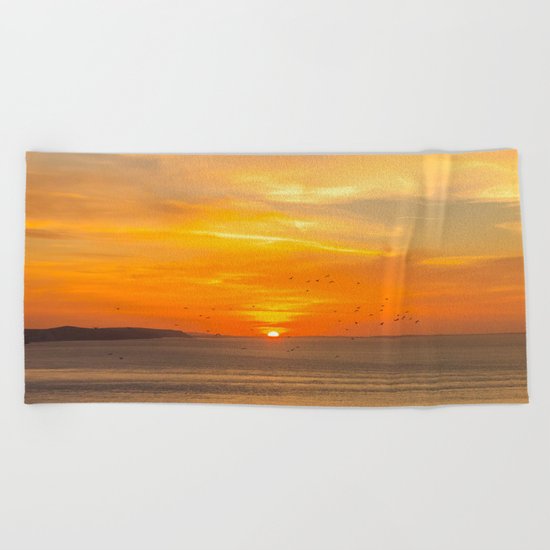 Sunset Coast with Orange Sun and Birds Beach Towel