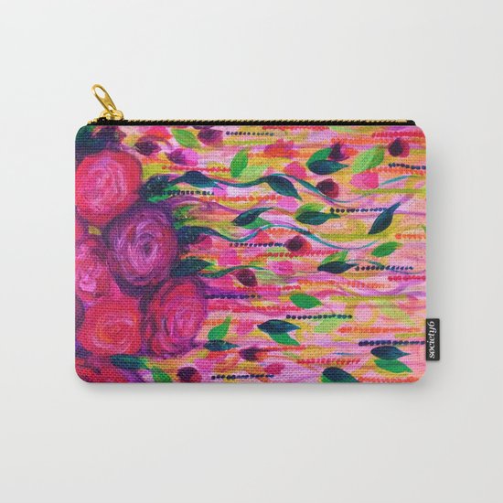ROSES ARE RAD 2- Bold Pink Red Roses Floral Bouquet Vines, Flower Abstract Acrylic Painting Fine Art Carry-All Pouch