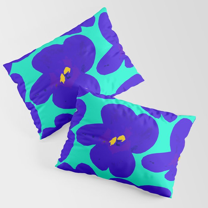 Large Blue Retro Flowers Turquoise Background #decor #society6 #buyart Pillow Sham