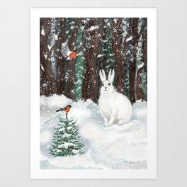 White rabbit in the snowy forest Art Print