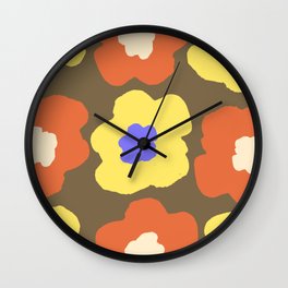 Large Pop-Art Retro Flowers in Yellow Very Peri Lavender Orange on Green Background  Wall Clock