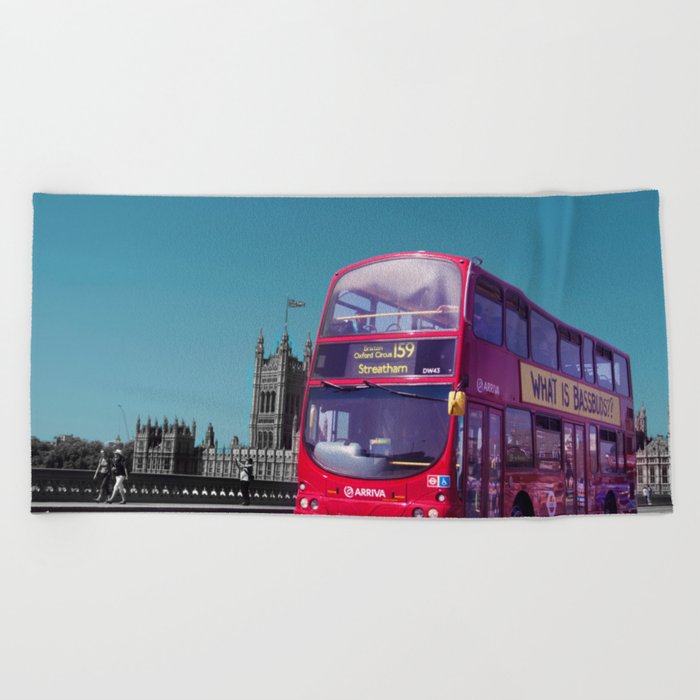 Great Britain Photography - Double Decker Bus Driving On A Road In London Beach Towel