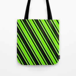 [ Thumbnail: Green & Black Colored Striped/Lined Pattern Tote Bag ]