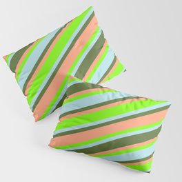 [ Thumbnail: Green, Powder Blue, Dark Olive Green, and Light Salmon Colored Lines/Stripes Pattern Pillow Sham ]