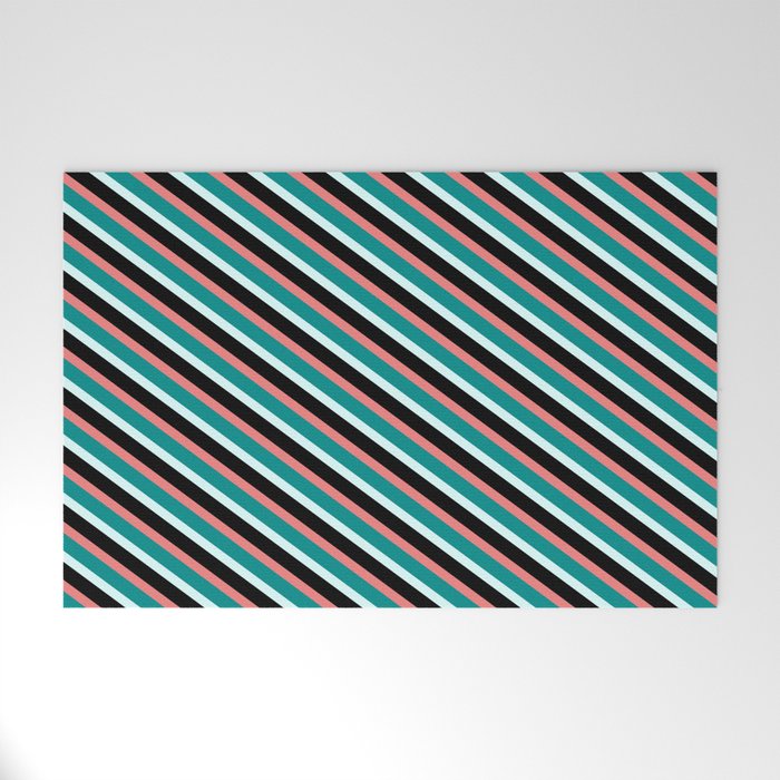 Light Coral, Dark Cyan, Light Cyan, and Black Colored Lined/Striped Pattern Welcome Mat