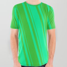 [ Thumbnail: Green and Lime Green Colored Lined Pattern All Over Graphic Tee ]