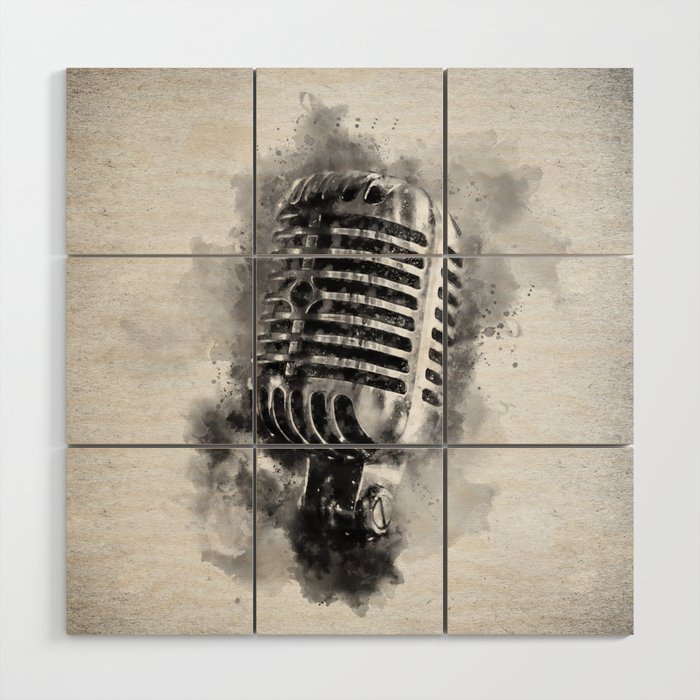 Classic Vintage Chrome Microphone in Black and White Watercolor Wood Wall Art