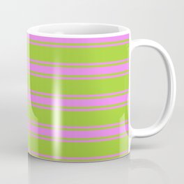 [ Thumbnail: Green & Violet Colored Lined/Striped Pattern Coffee Mug ]