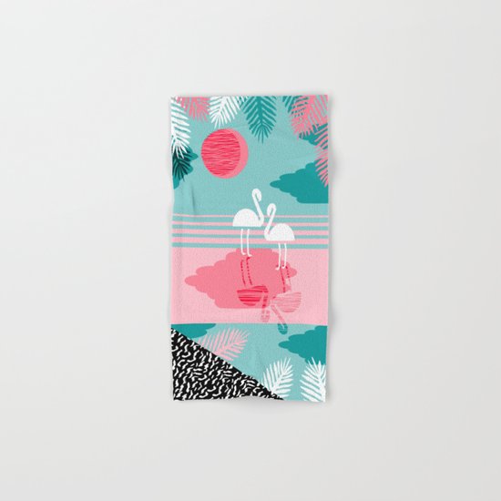 Chill Vibes - memphis retro throwback 1980s 80s neon pop art flamingo paradise socal vacation Hand & Bath Towel
