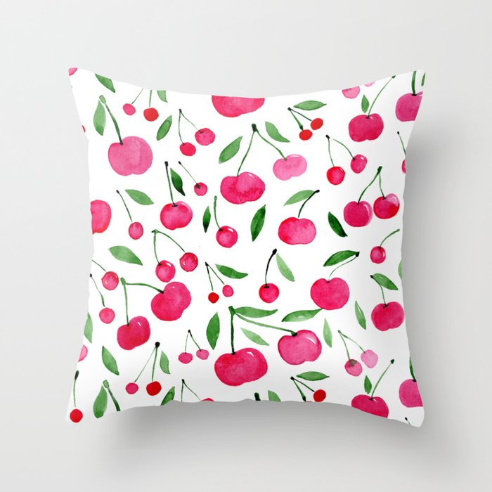 Watercolor cherries - green and pink Throw Pillow