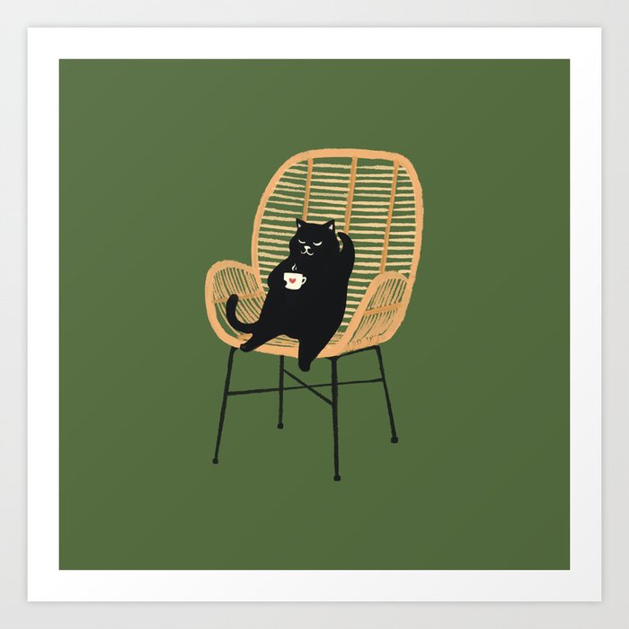 Lazy cat 2b Green enjoy coffee on rattan chair  Art Print