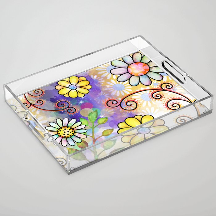 Watercolor Doodle Floral Collage Pattern 04 Acrylic Tray