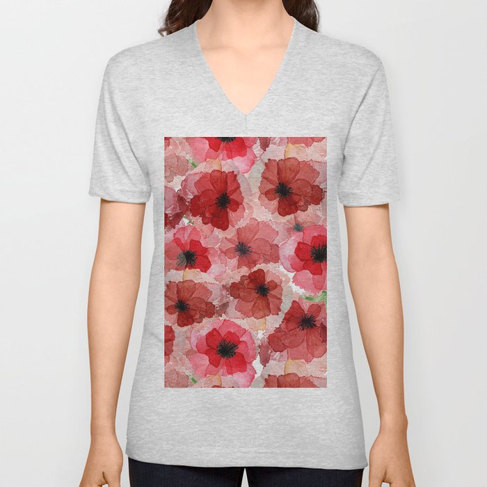 Pressed Poppy Blossom Pattern V Neck T Shirt