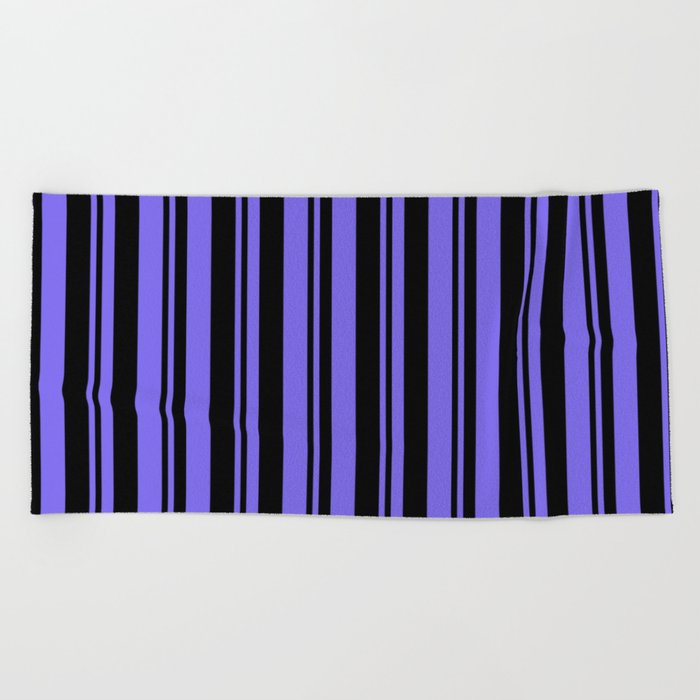 Black & Medium Slate Blue Colored Lines Pattern Beach Towel