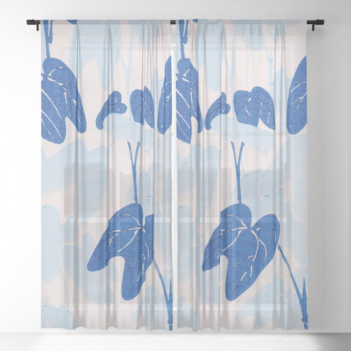 Blue Leaves Vintage Japanese Print Sheer Curtain