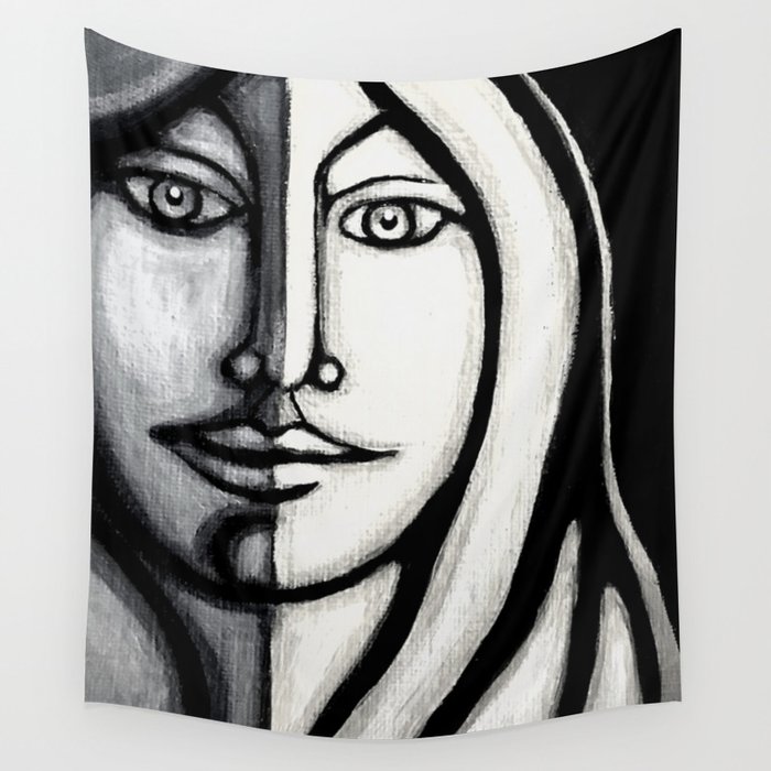 Black White Face Modern Painting Wall Tapestry By Cyracancel