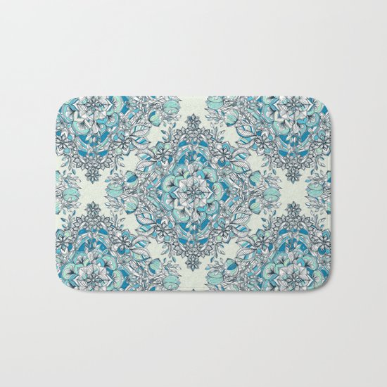 Floral Diamond Doodle in Teal and Turquoise Bath Mat