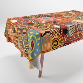 African Masks and Tribal Elements Decorative Pattern Tablecloth
