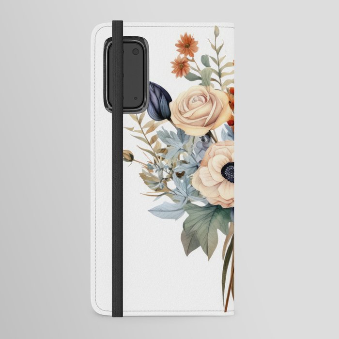 Floral Botanical Bouquet of Flowers in shades of Terracotta Beige White and Blue with Greenery Android Wallet Case