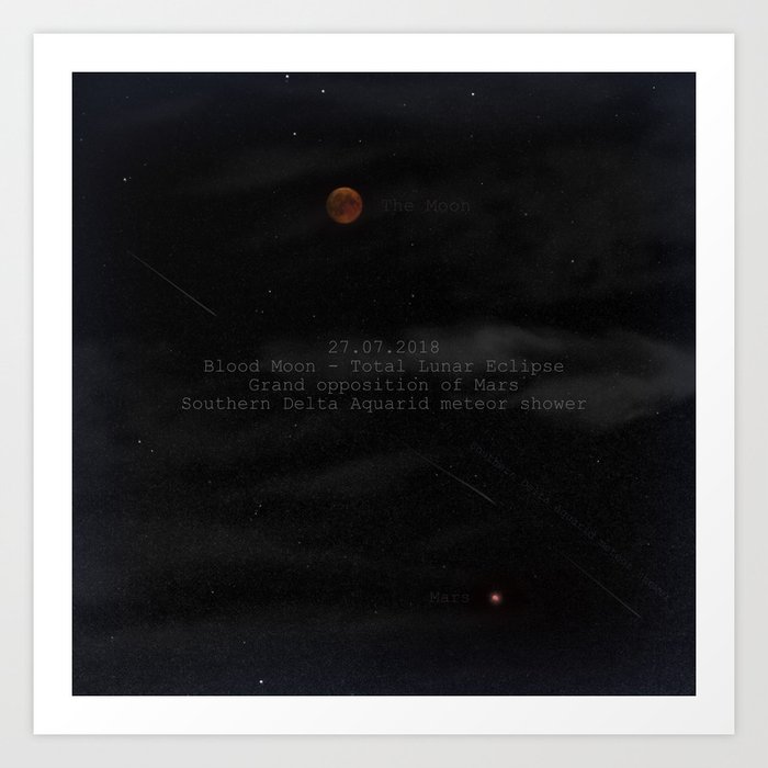 Blood Moon - Total Lunar Eclipse, Grand opposition of Mars, Southern Delta Aquarid meteor shower Art Print