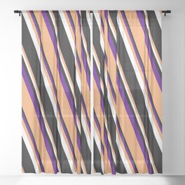 [ Thumbnail: Indigo, Brown, White & Black Colored Striped Pattern Sheer Curtain ]