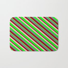 [ Thumbnail: Slate Gray, Dark Red, Light Pink, and Lime Colored Stripes/Lines Pattern Bath Mat ]