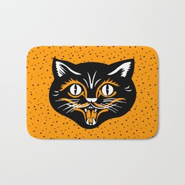 Vintage Type Halloween Black Cat Face Stars Orange Bath Mat