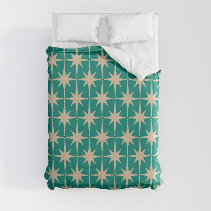 Atomic Age 1950s Retro Starburst Pattern in Mid-Century Modern Beige and Turquoise Teal   Duvet Cover