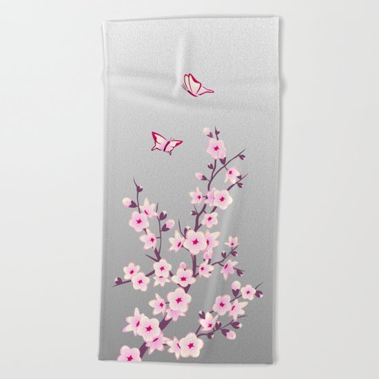 Cherry Blossoms Pink Gray Beach Towel