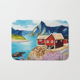 Lofoten Islands, Norway Bath Mat | Nordland, Scandinavia, Archipelago, Redhouse, Ocean, Norway, Painting, Mountains, Lofotenislands, Flowers 