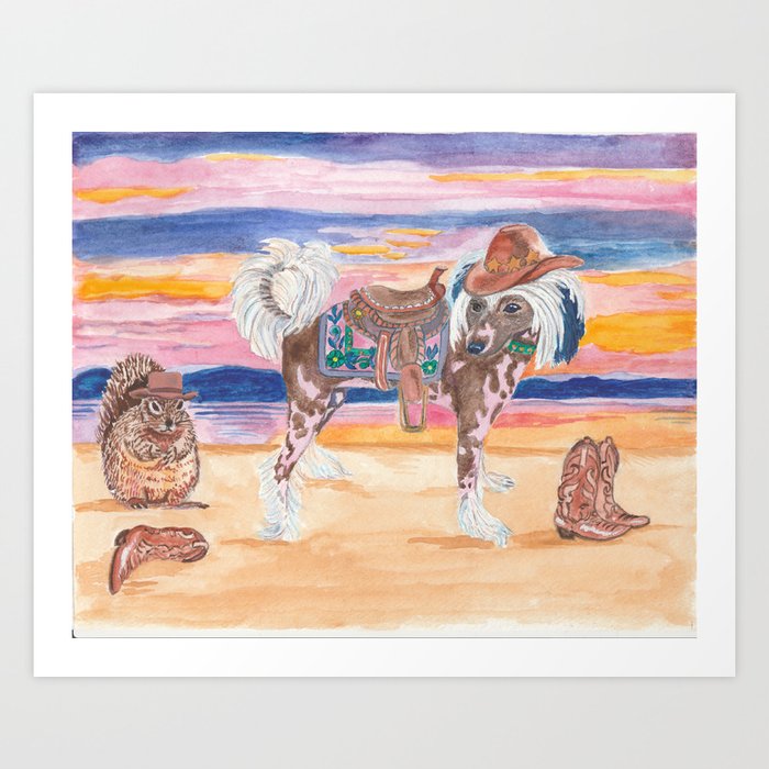 Hairless Chinese Crested pony with saddle cowboy hat boots squirrel dog art painting watercolor west Art Print