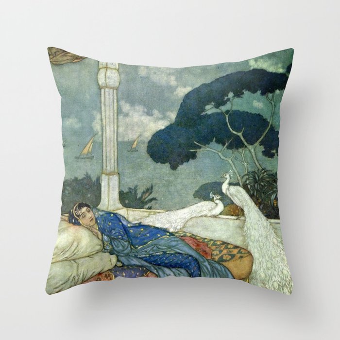 Princess Lady Yang at Midnight with white Peacocks portrait painting by Edmund Dulac Throw Pillow