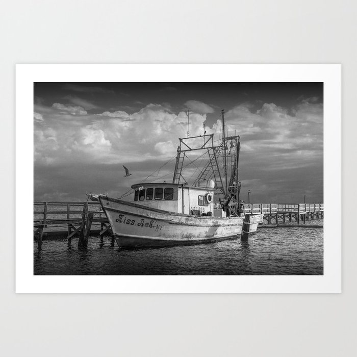 Black and White Fishing Boat Miss Ash at Sunrise by Aransas Pass Harbor in Corpus Christi Bay Art Print